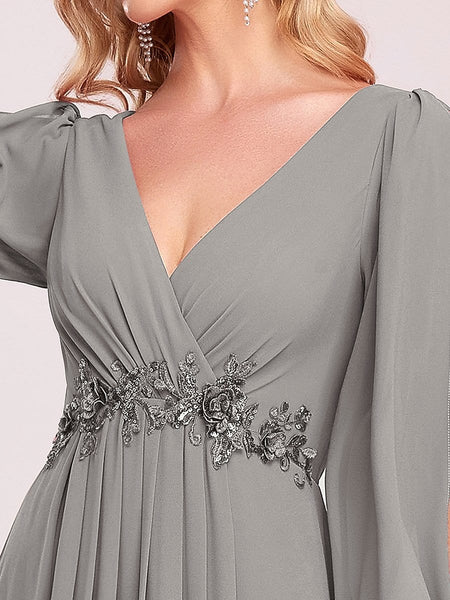 Women's Embellished V-Neck Chiffon Gown with Split Sleeves