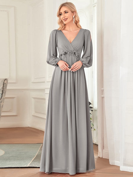 Women's Embellished V-Neck Chiffon Gown with Split Sleeves