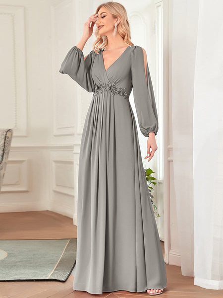 Women's Embellished V-Neck Chiffon Gown with Split Sleeves