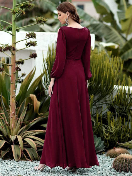 Women's Embellished V-Neck Chiffon Gown with Split Sleeves