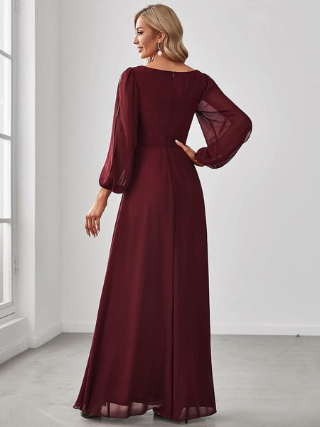 Women's Embellished V-Neck Chiffon Gown with Split Sleeves