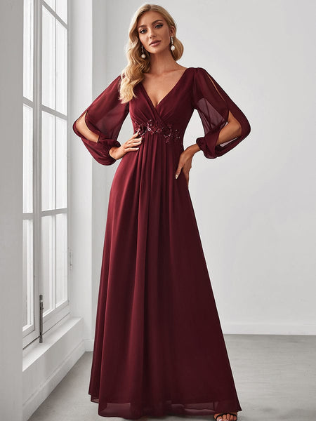 Women's Embellished V-Neck Chiffon Gown with Split Sleeves