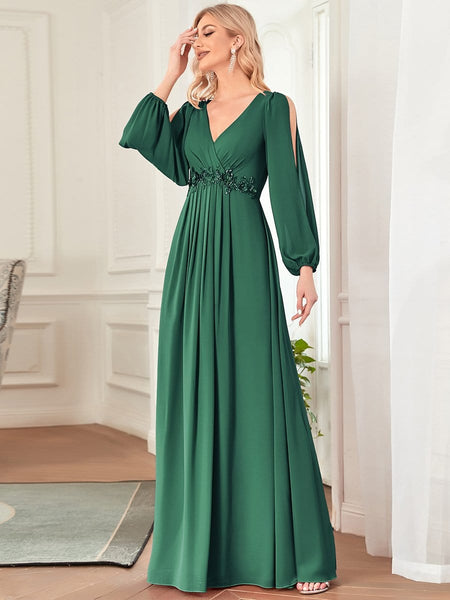 Women's Embellished V-Neck Chiffon Gown with Split Sleeves