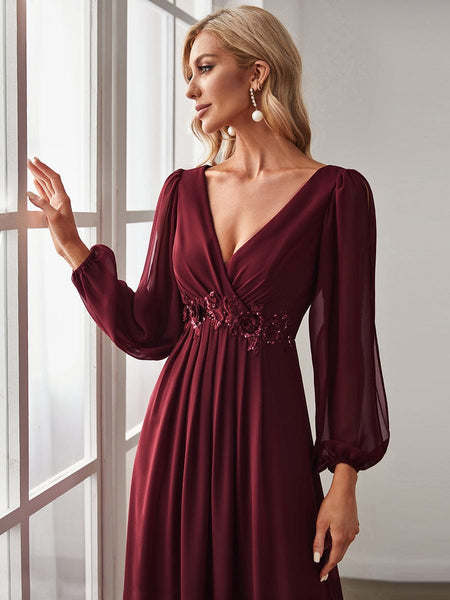 Women's Embellished V-Neck Chiffon Gown with Split Sleeves
