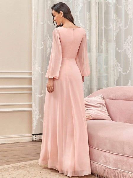 Women's Embellished V-Neck Chiffon Gown with Split Sleeves