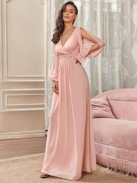 Women's Embellished V-Neck Chiffon Gown with Split Sleeves