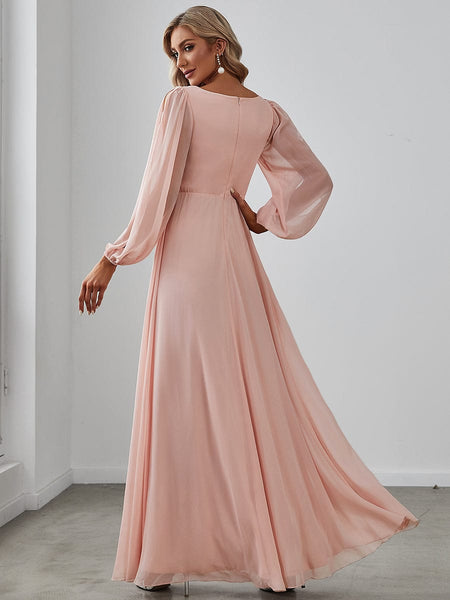 Women's Embellished V-Neck Chiffon Gown with Split Sleeves