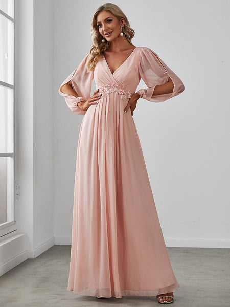 Women's Embellished V-Neck Chiffon Gown with Split Sleeves