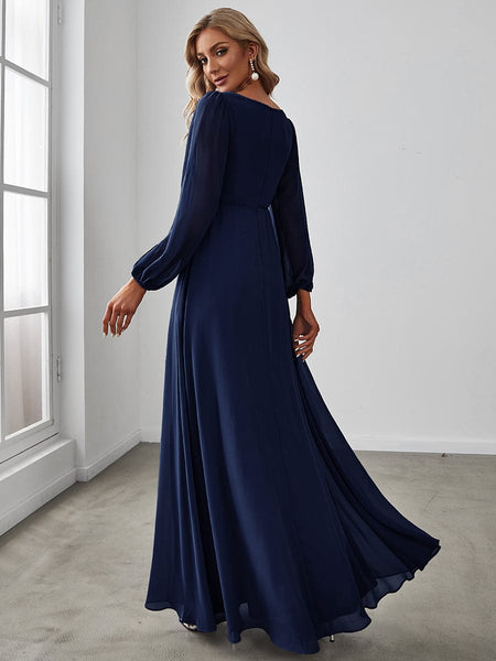 Women's Embellished V-Neck Chiffon Gown with Split Sleeves