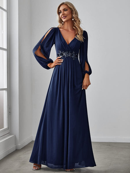 Women's Embellished V-Neck Chiffon Gown with Split Sleeves