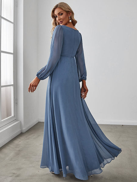 Women's Embellished V-Neck Chiffon Gown with Split Sleeves