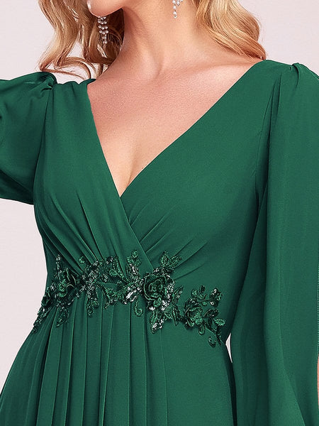 Women's Embellished V-Neck Chiffon Gown with Split Sleeves