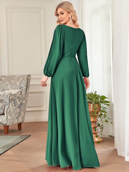 Women's Embellished V-Neck Chiffon Gown with Split Sleeves