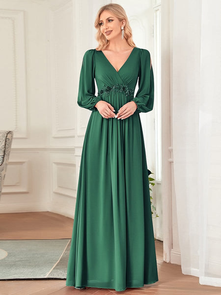 Women's Embellished V-Neck Chiffon Gown with Split Sleeves