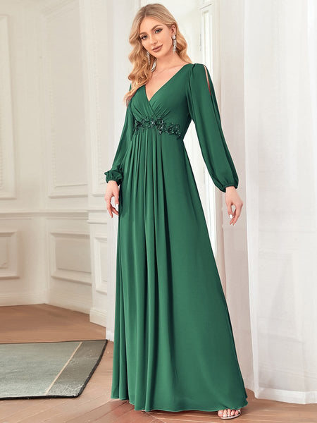 Women's Embellished V-Neck Chiffon Gown with Split Sleeves