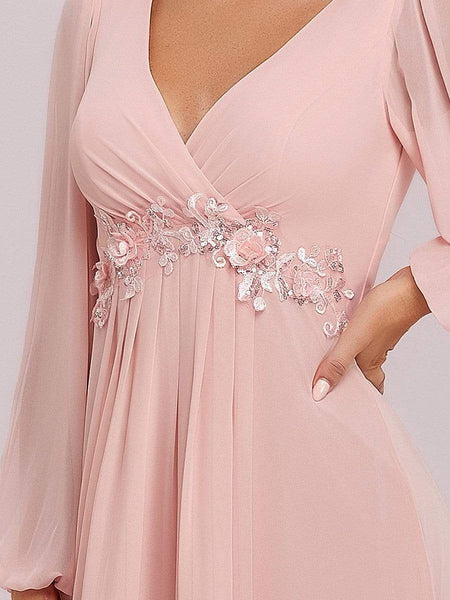Women's Embellished V-Neck Chiffon Gown with Split Sleeves