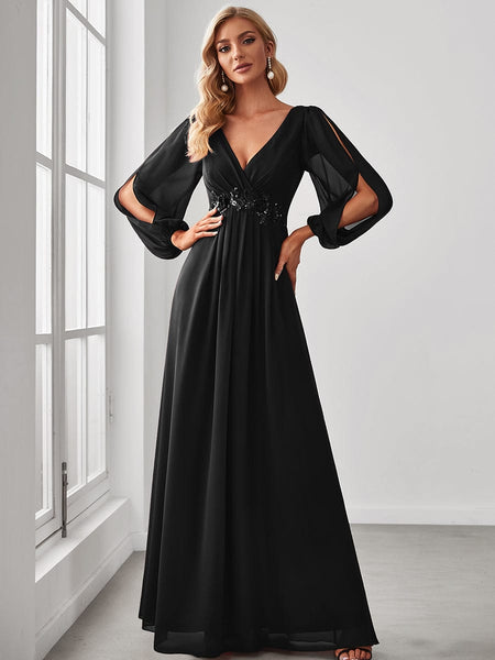 Women's Embellished V-Neck Chiffon Gown with Split Sleeves