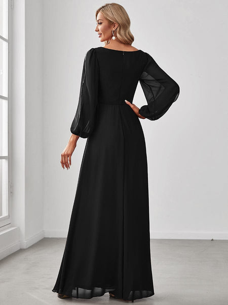 Women's Embellished V-Neck Chiffon Gown with Split Sleeves