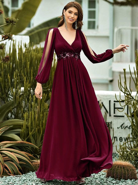 Women's Embellished V-Neck Chiffon Gown with Split Sleeves