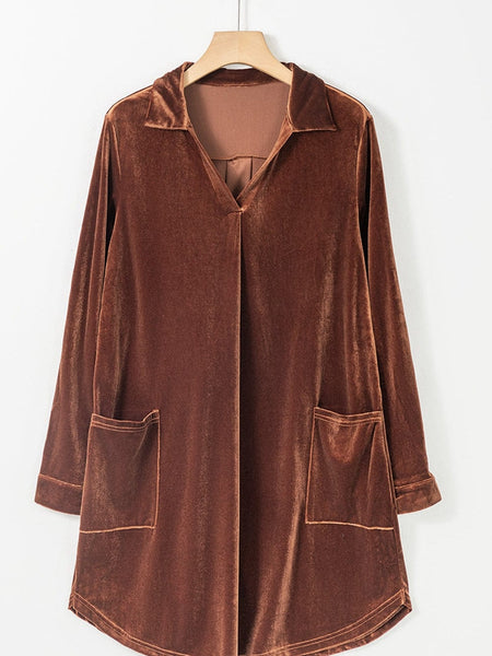 Elegant Coffee Velvet Shift Dress with Collared V Neck & Pockets