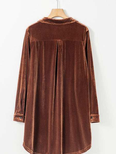 Elegant Coffee Velvet Shift Dress with Collared V Neck & Pockets