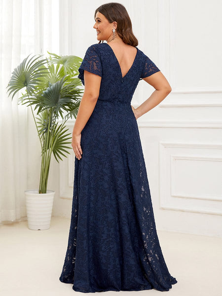 Elegant Deep V Neck A Line Evening Gown with Short Ruffles Sleeves