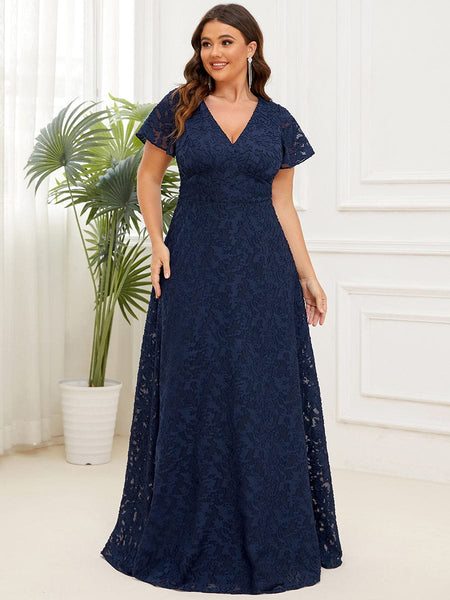 Elegant Deep V Neck A Line Evening Gown with Short Ruffles Sleeves