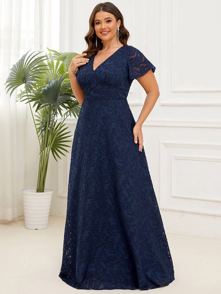 Elegant Deep V Neck A Line Evening Gown with Short Ruffles Sleeves