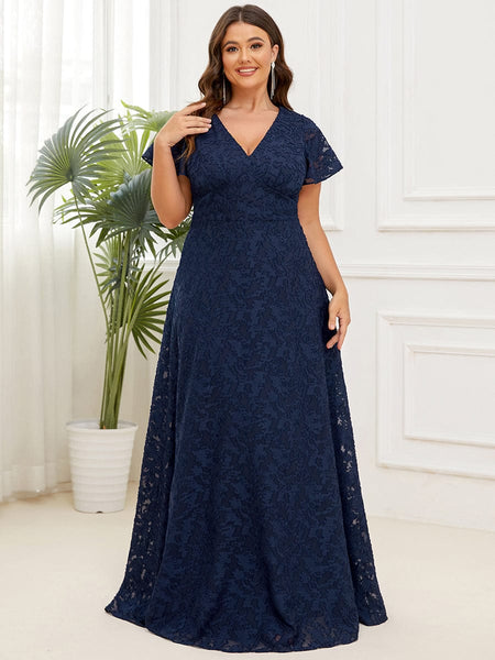 Elegant Deep V Neck A Line Evening Gown with Short Ruffles Sleeves