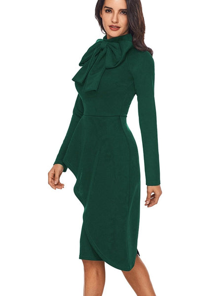 Women's Satin Pussy-Bow Long Sleeve Midi Dress in Ochre
