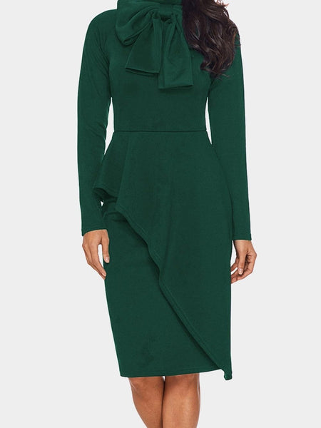 Women's Satin Pussy-Bow Long Sleeve Midi Dress in Ochre