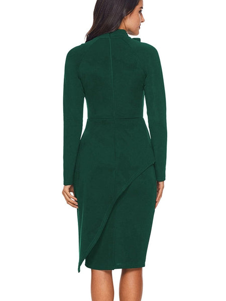 Women's Satin Pussy-Bow Long Sleeve Midi Dress in Ochre