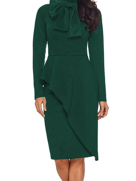 Women's Satin Pussy-Bow Long Sleeve Midi Dress in Ochre