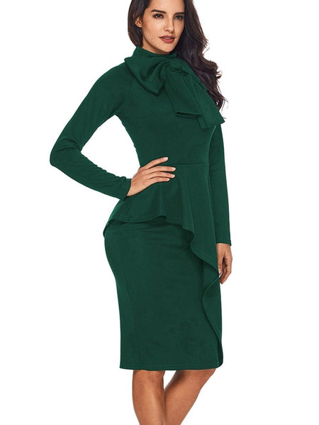 Women's Satin Pussy-Bow Long Sleeve Midi Dress in Ochre