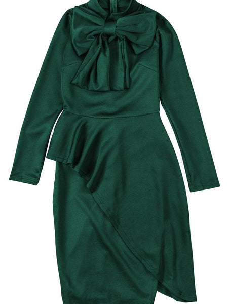 Women's Satin Pussy-Bow Long Sleeve Midi Dress in Ochre
