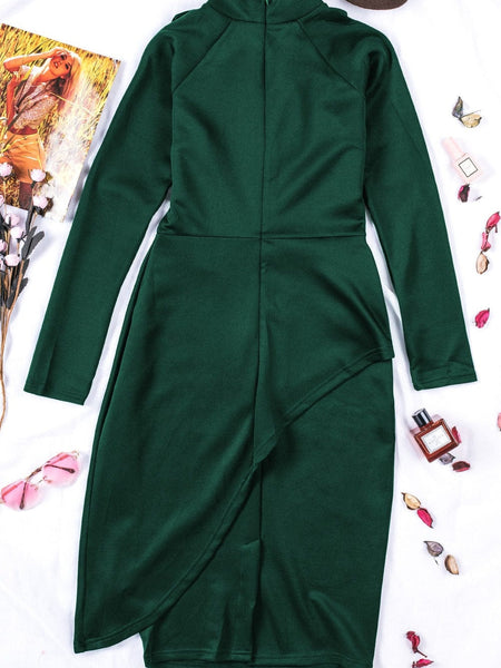 Women's Satin Pussy-Bow Long Sleeve Midi Dress in Ochre
