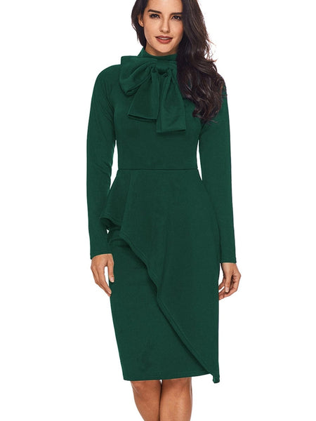 Women's Satin Pussy-Bow Long Sleeve Midi Dress in Ochre