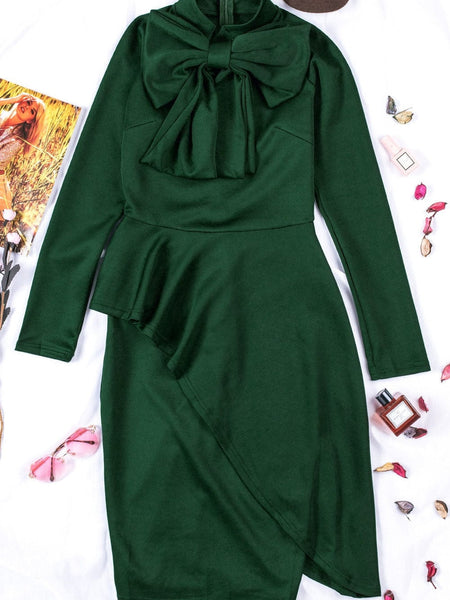 Women's Satin Pussy-Bow Long Sleeve Midi Dress in Ochre