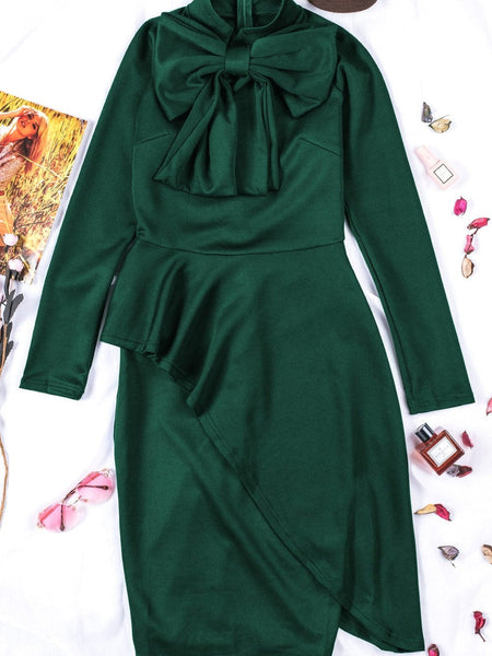 Women's Satin Pussy-Bow Long Sleeve Midi Dress in Ochre