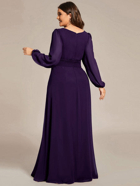 Women's Navy Empire Waist Chiffon Gown with Sheer Puff Sleeves