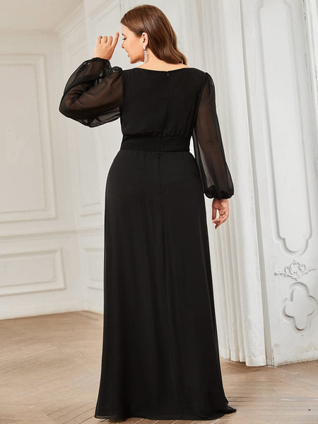 Women's Navy Empire Waist Chiffon Gown with Sheer Puff Sleeves