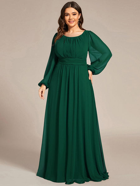 Women's Navy Empire Waist Chiffon Gown with Sheer Puff Sleeves