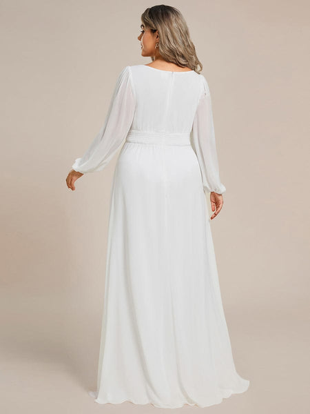 Women's Navy Empire Waist Chiffon Gown with Sheer Puff Sleeves