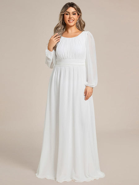 Women's Navy Empire Waist Chiffon Gown with Sheer Puff Sleeves