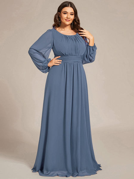 Women's Navy Empire Waist Chiffon Gown with Sheer Puff Sleeves