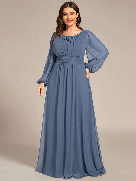 Women's Navy Empire Waist Chiffon Gown with Sheer Puff Sleeves