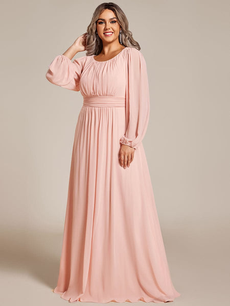 Women's Navy Empire Waist Chiffon Gown with Sheer Puff Sleeves