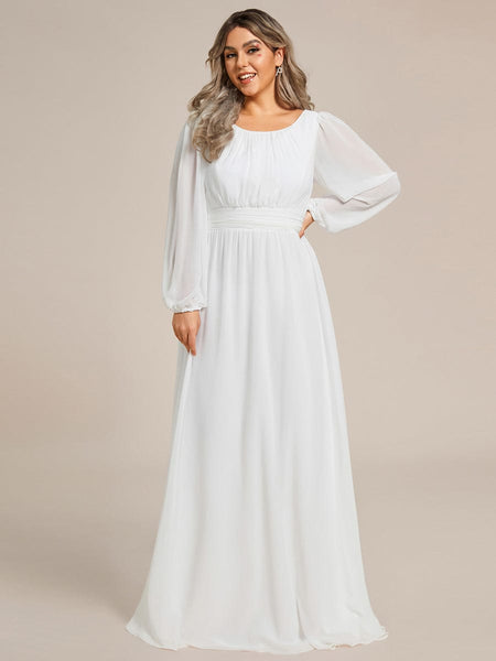 Women's Navy Empire Waist Chiffon Gown with Sheer Puff Sleeves