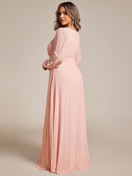 Women's Navy Empire Waist Chiffon Gown with Sheer Puff Sleeves