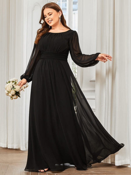 Women's Navy Empire Waist Chiffon Gown with Sheer Puff Sleeves